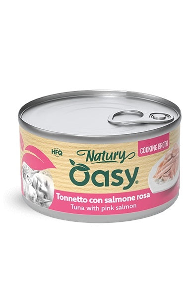 OASY GATTO NATURY LATTINA IN BRODO DI COTTURA ADULTO TONNETTO & SALMONE ROSA 85 GR