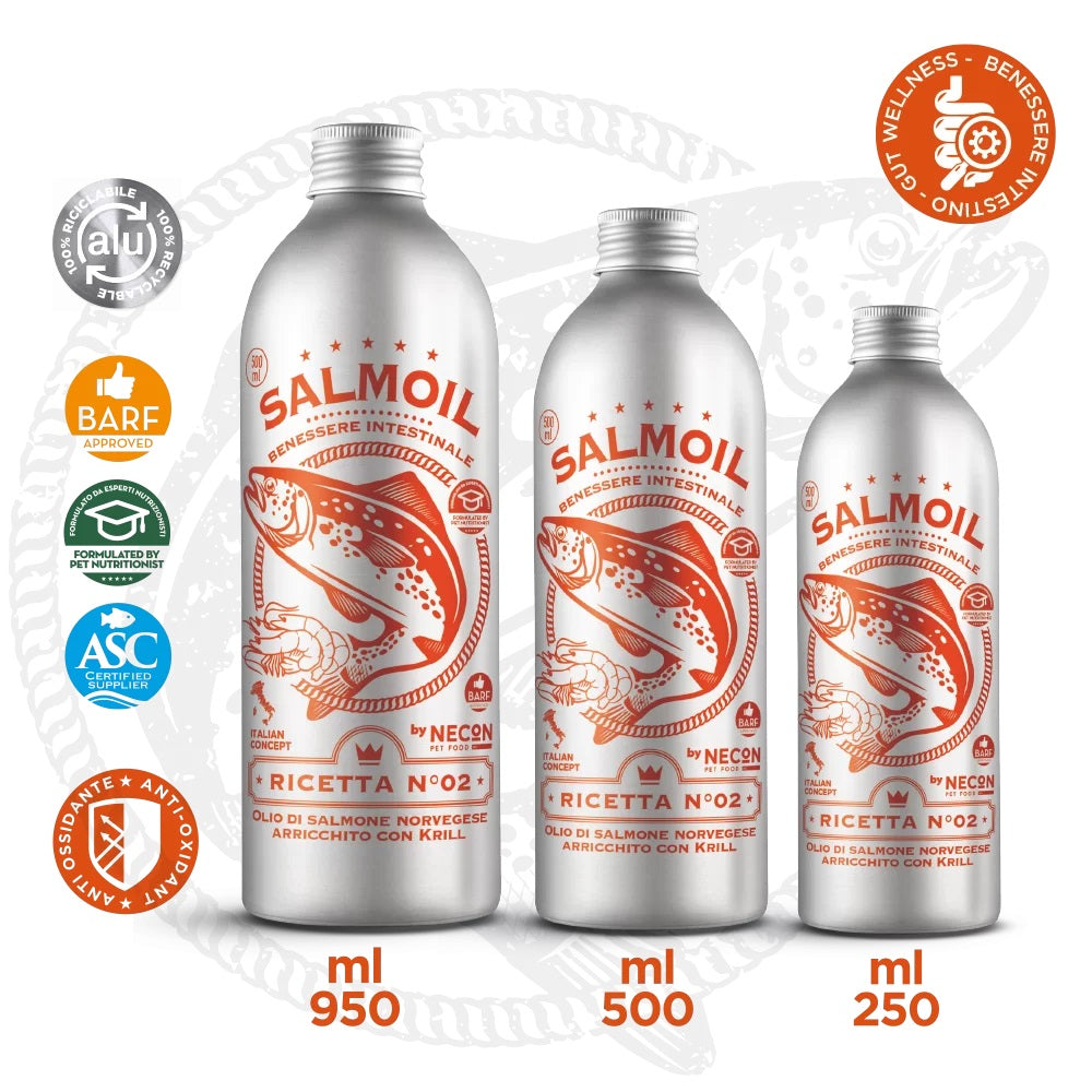 SALMOIL RICETTA N°2 - BENESSERE INTESTINALE - OLIO DI SALMONE NORVEGESE ARRICCHITO CON KRILL 500 ML