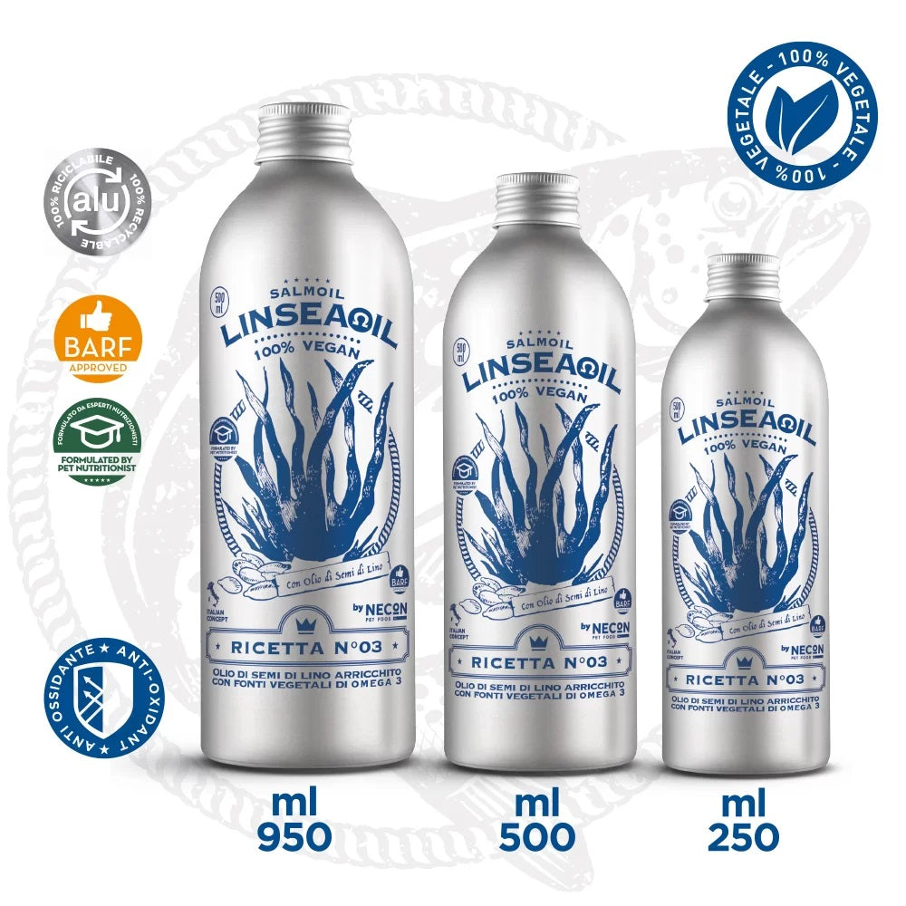 SALMOIL RICETTA N°3 - LINSEAOIL 100% VEGAN - OLIO DI SEMI DI LINO ARRICCHITO CON FONTI VEGETALI DI OMEGA 3 250 ML