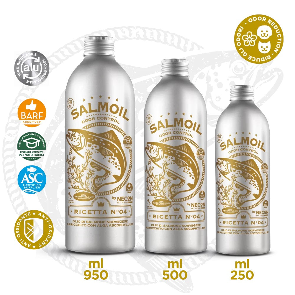 SALMOIL RICETTA N°4 - ODOR CONTROL - OLIO DI SALMONE NORVEGESE ARRICCHITO CON ALGA ASCOPHYLLUM 500 ML