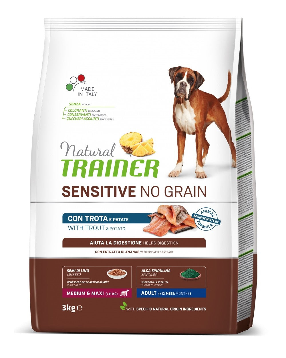 TRAINER CANE NATURAL SENSITIVE NO GRAIN ADULTO MEDIUM&MAXI TROTA 3 KG