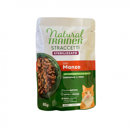 TRAINER GATTO NATURAL STRACCETTI ADULTO STERILIZZATO MANZO 85 GR