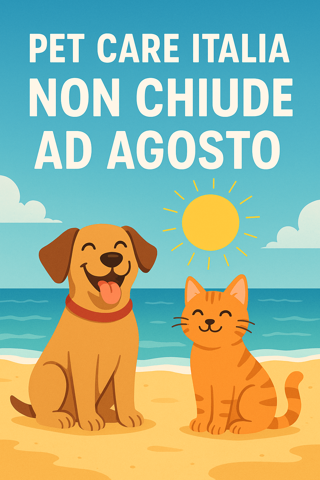 Immagine con cane e gatto in spiaggia, Spedizioni continue anche ad agosto con Pet Care Italia.