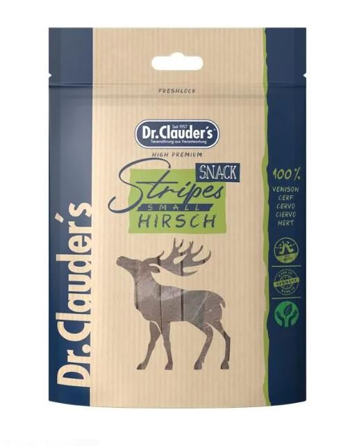 DR. CLAUDER'S CANE/GATTO SNACK STRIPES PICCOLO FILETTO DI CERVO 80 GR