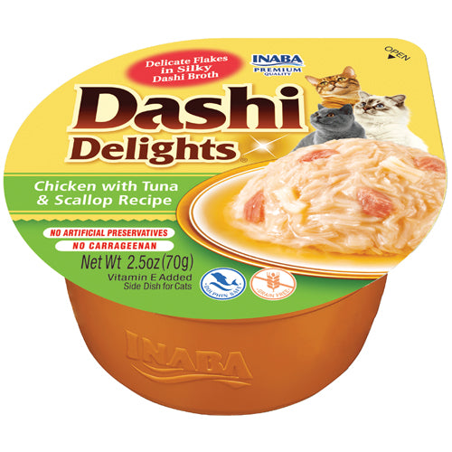INABA GATTO DASHI DELIGHTS ADULTO RICETTA POLLO, TONNO & CAPESANTE CUP 70 GR