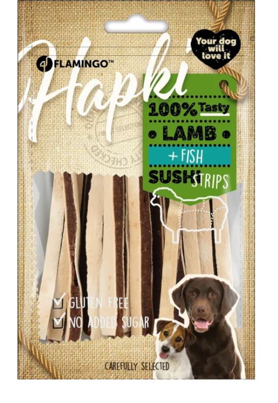FLAMINGO CANE SNACK "HAPKI" STRISCE DI SUSHI AGNELLO & PESCE 85 GR