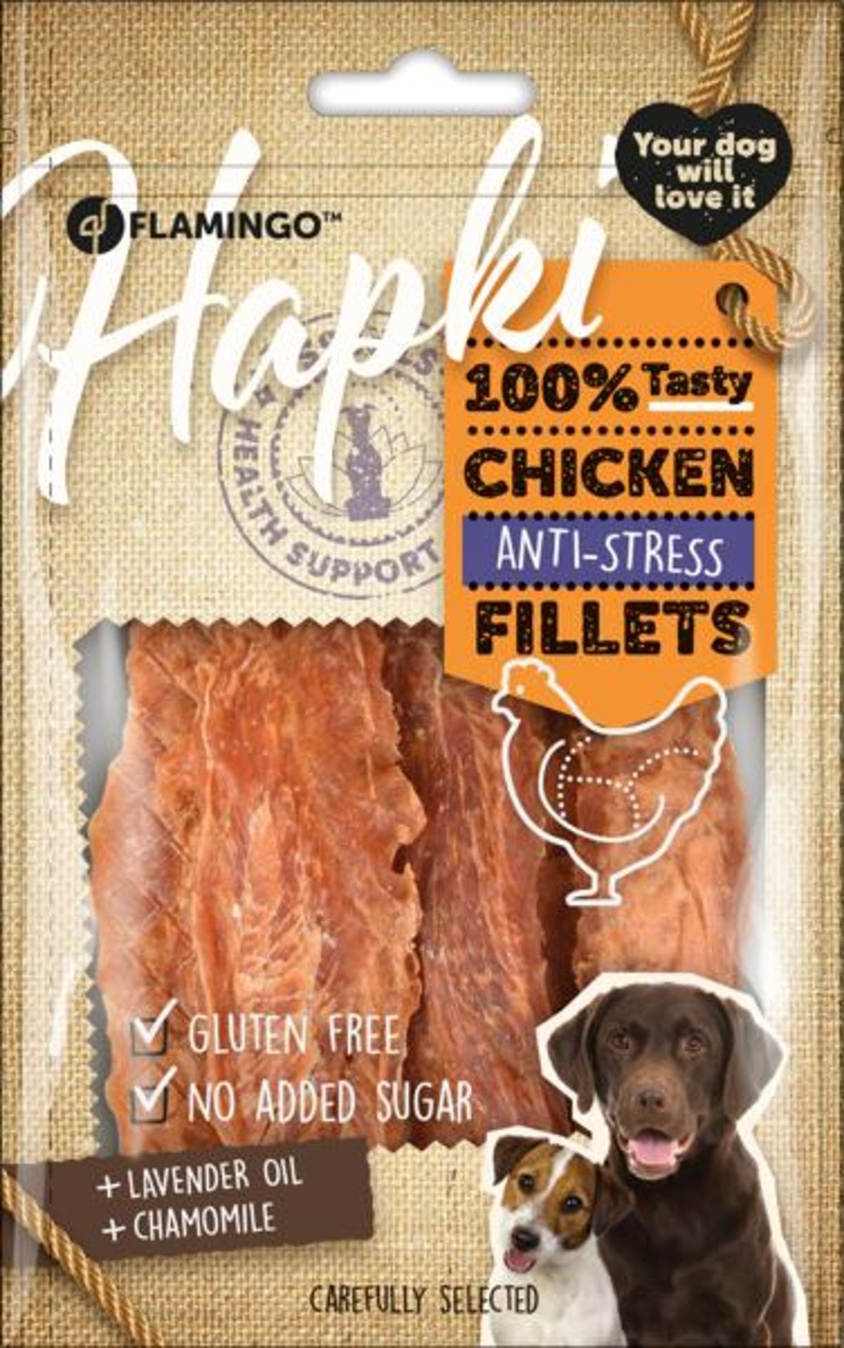 FLAMINGO CANE SNACK "HAPKI" FILETTI DI POLLO ANTI-STRESS 85 GR