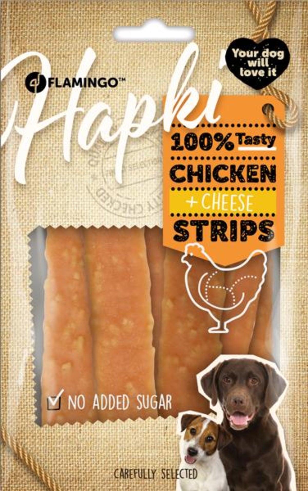 FLAMINGO CANE SNACK "HAPKI" STRISCE DI POLLO & FORMAGGIO 85 GR
