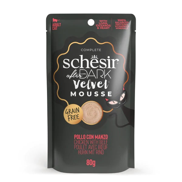 SCHESIR GATTO AFTER DARK VELVET MOUSSE ADULTO POLLO & MANZO BUSTA 80 GR