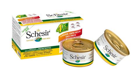 SCHESIR CANE LATTINA IN JELLY MULTIPACK ADULTO FILETTI DI POLLO & PROSCIUTTO CF. (4X85) GR