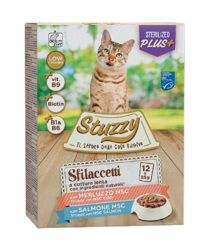 STUZZY GATTO SFILACCETTI MULTIPACK ADULTO STERILIZZATO MERLUZZO & SALMONE CF. (12X85) GR