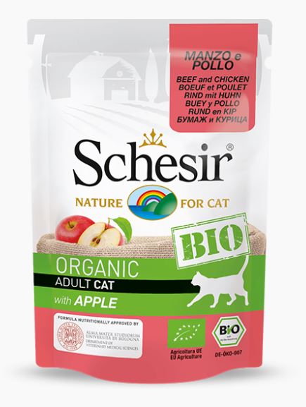SCHESIR GATTO BIO ORGANIC BUSTA ADULTO MANZO, POLLO & MELA 85 GR