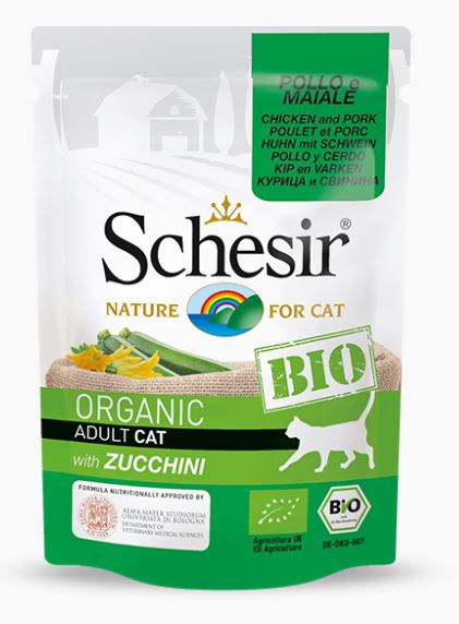 SCHESIR GATTO BIO ORGANIC BUSTA ADULTO POLLO, MAIALE & ZUCCHINI 85 GR