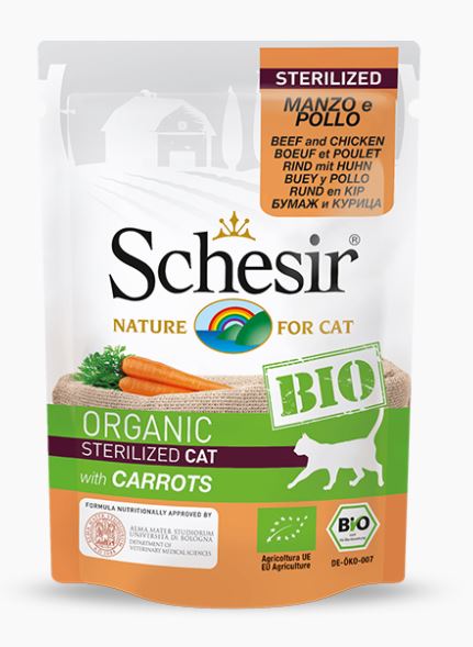 SCHESIR GATTO BIO ORGANIC BUSTA ADULTO STERILIZZATO MANZO, POLLO & CAROTE 85 GR