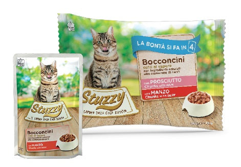 STUZZY GATTO BOCCONCINI MULTIPACK ADULTO PROSCIUTTO & MANZO CF. (4X85) GR
