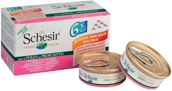 SCHESIR GATTO LATTINA IN JELLY MULTIPACK ADULTO FILETTI DI POLLO & PROSCIUTTO CF. (6X50) GR