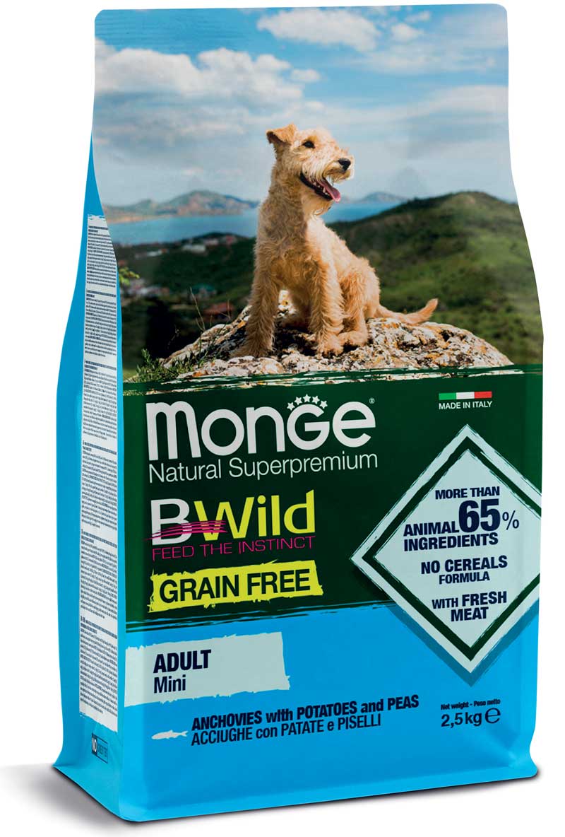 MONGE CANE BWILD GRAIN FREE ADULTO MINI ACCIUGHE, PATATE & PISELLI 2,5 KG