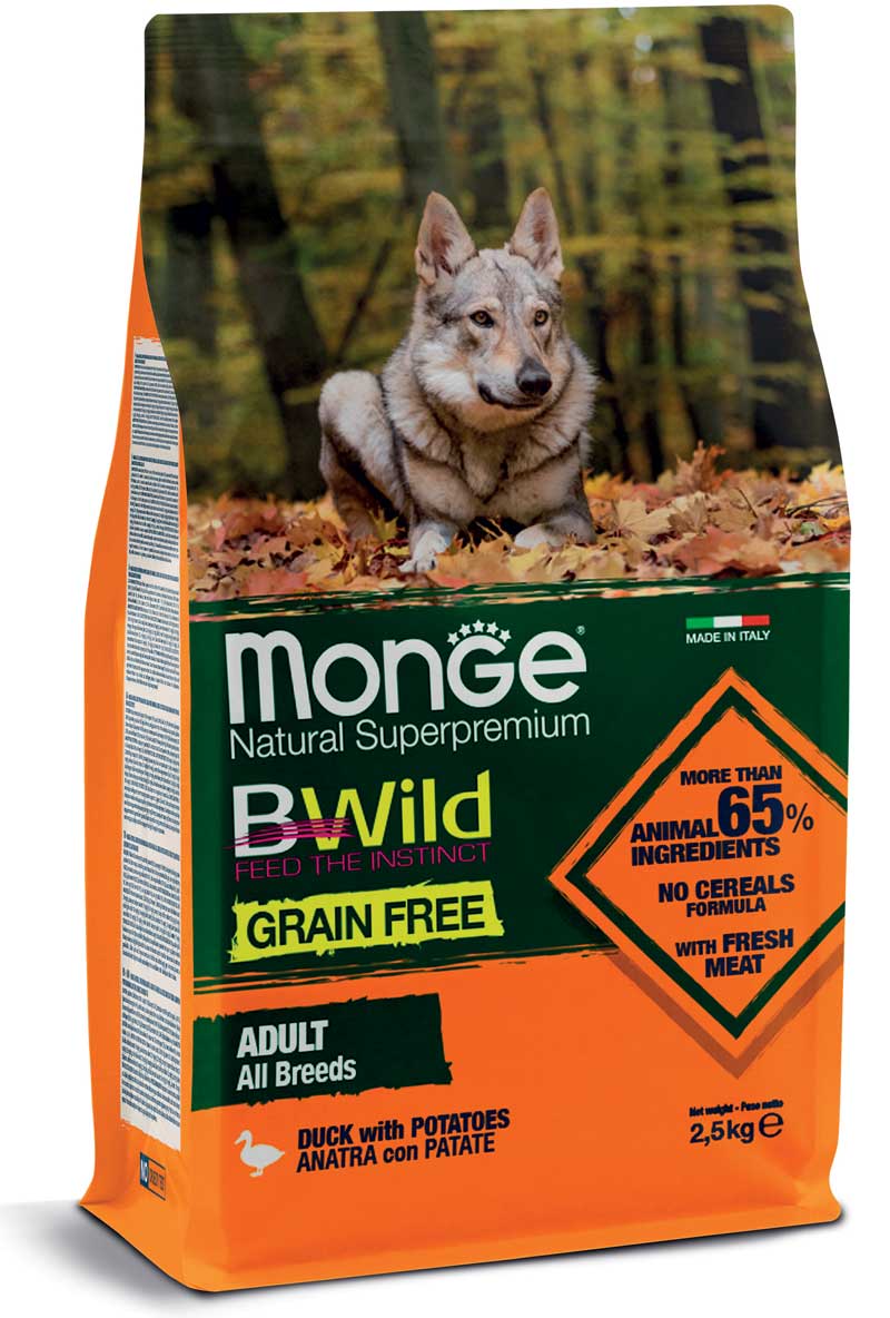 MONGE CANE BWILD GRAIN FREE ADULTO ALL BREEDS ANATRA & PATATE 2,5 KG