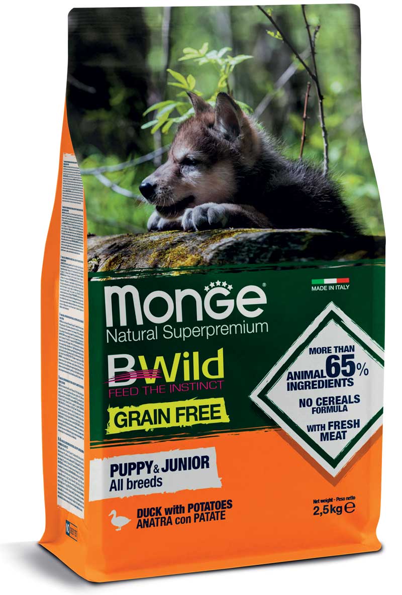 MONGE CANE BWILD GRAIN FREE PUPPY&JUNIOR ALL BREEDS ANATRA & PATATE 2,5 KG