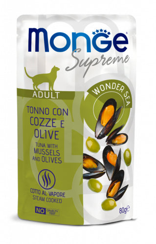 MONGE GATTO SUPREME BUSTA ADULTO TONNO, COZZE & OLIVE 80 GR