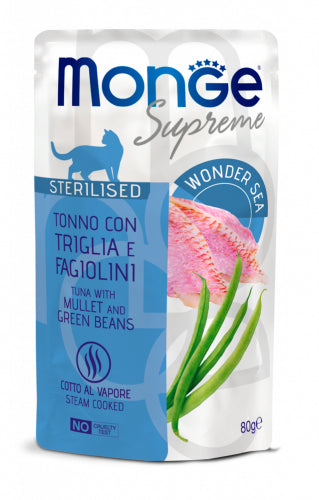 MONGE GATTO SUPREME BUSTA ADULTO STERILIZZATO TONNO, TRIGLIA & FAGIOLINI 80 GR