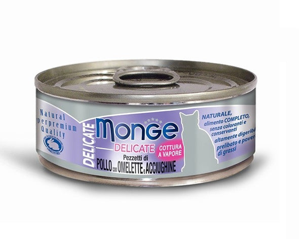 Monge Gatto Delicate Lattina Adulto Pezzetti Di Pollo, Omelette & Acciughine 80 g