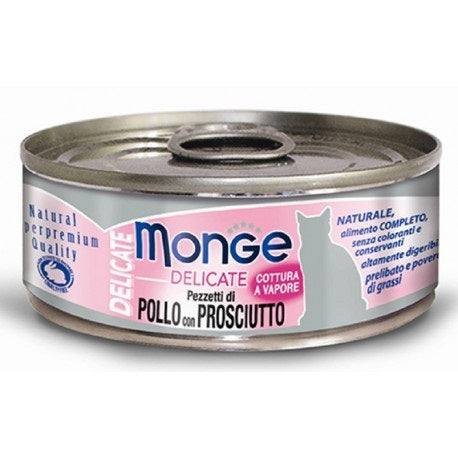 MONGE GATTO DELICATE LATTINA ADULTO PEZZETTI DI POLLO & PROSCIUTTO 80 GR