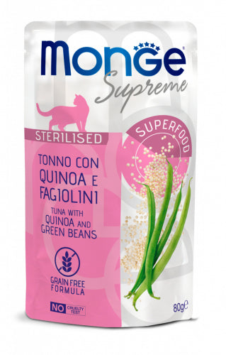 MONGE GATTO SUPREME BUSTA ADULTO STERILIZZATO TONNO, QUINOA & FAGIOLINI 80 GR