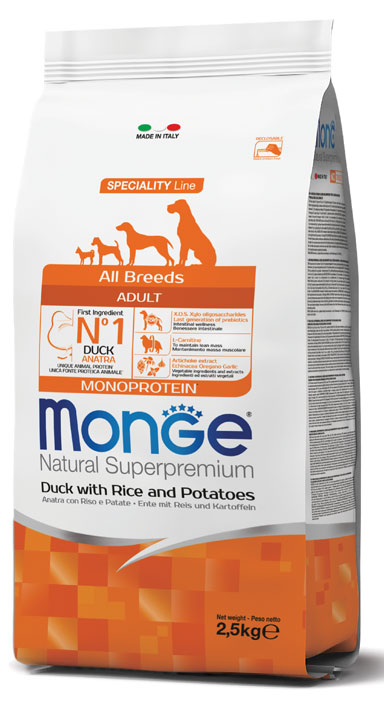MONGE CANE NATURAL SUPERPREMIUM ADULTO ALL BREEDS ANATRA, RISO & PATATE 2,5 KG