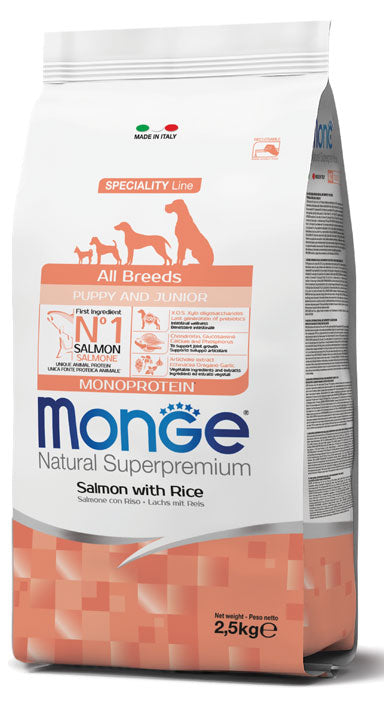 MONGE CANE NATURAL SUPERPREMIUM PUPPY&JUNIOR ALL BREEDS SALMONE & RISO 2,5 KG