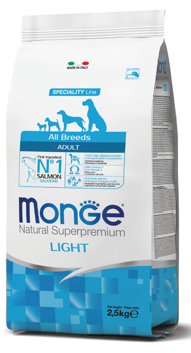 MONGE CANE NATURAL SUPERPREMIUM LIGHT ADULTO ALL BREEDS SALMONE & RISO 2,5 KG