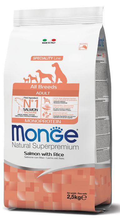 MONGE CANE NATURAL SUPERPREMIUM ADULTO ALL BREEDS SALMONE & RISO 2,5 KG