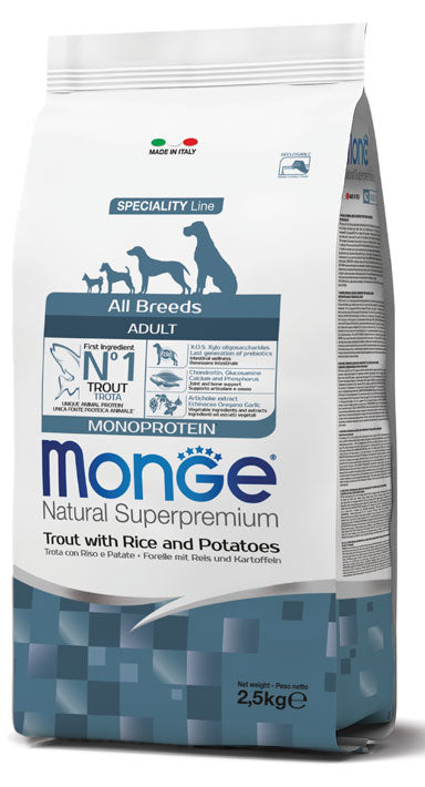 MONGE CANE NATURAL SUPERPREMIUM ADULTO ALL BREEDS TROTA, RISO & PATATE 2,5 KG