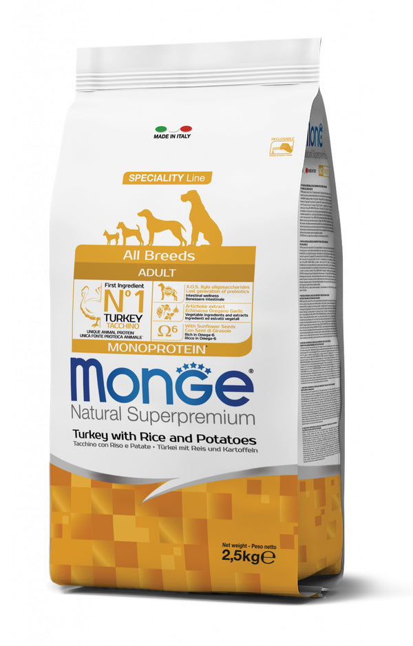 Monge Cane Natural Superpremium Adulto All Breeds Tacchino, Riso & Patate 2,5 kg