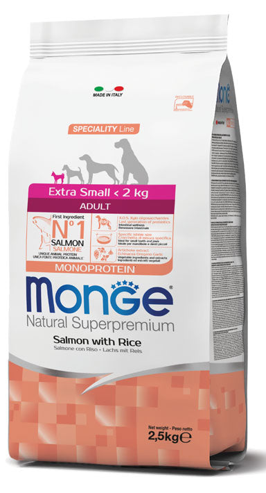 MONGE CANE NATURAL SUPERPREMIUM ADULTO EXTRA SMALL SALMONE & RISO 2,5 KG