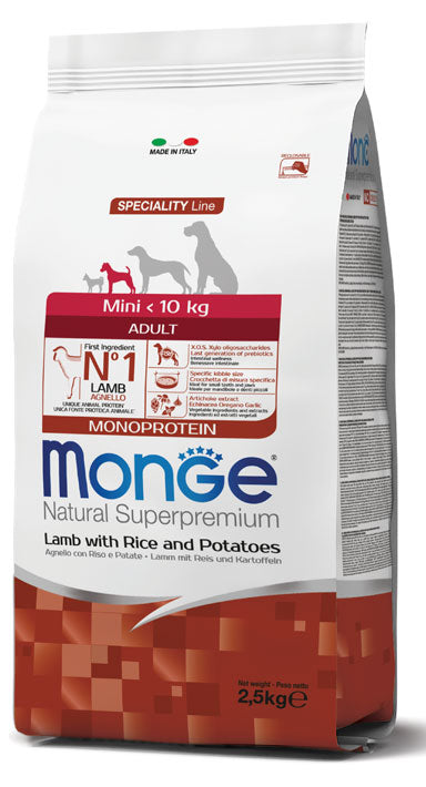 MONGE CANE NATURAL SUPERPREMIUM ADULTO MINI AGNELLO, RISO & PATATE 2,5 KG