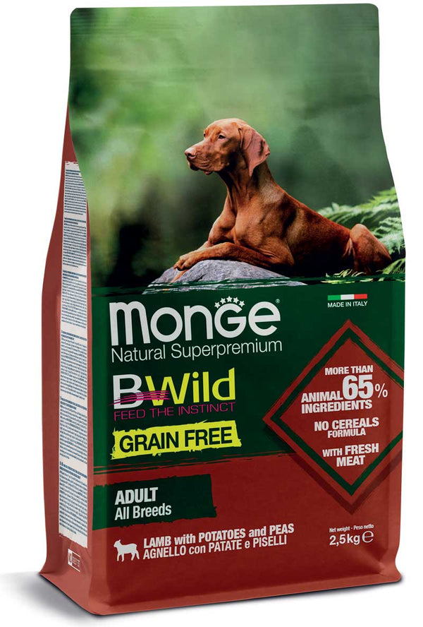 MONGE CANE BWILD GRAIN FREE ADULTO ALL BREEDS AGNELLO, PATATE & PISELLI 2,5 KG