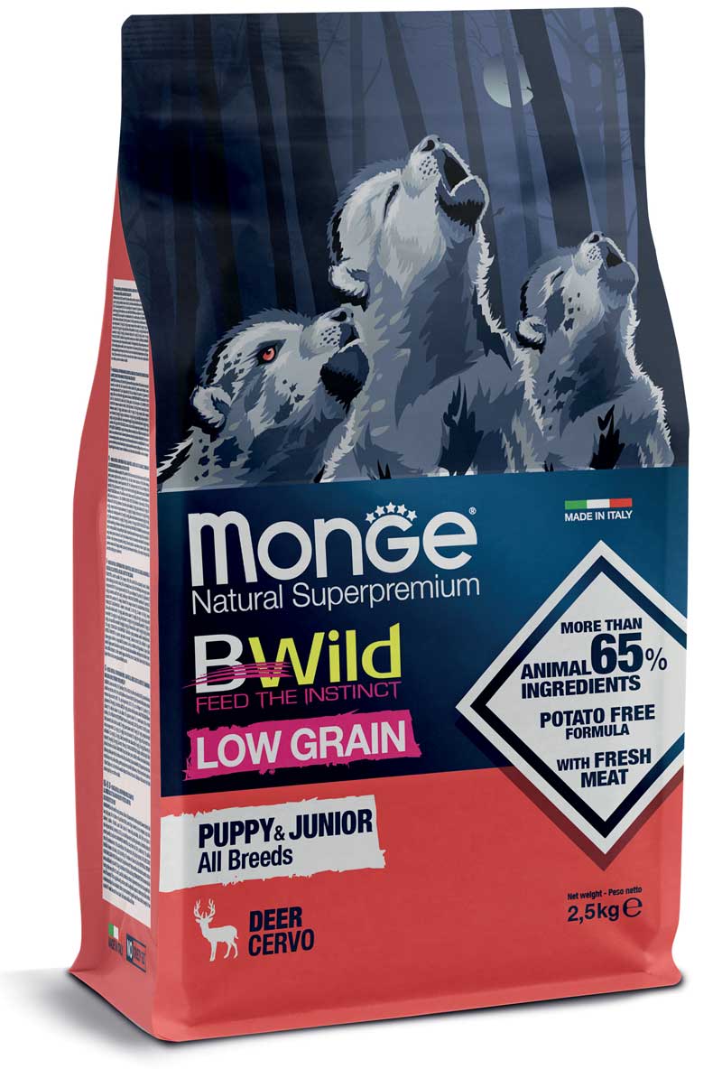 MONGE CANE BWILD LOW GRAIN PUPPY&JUNIOR CERVO 12 KG