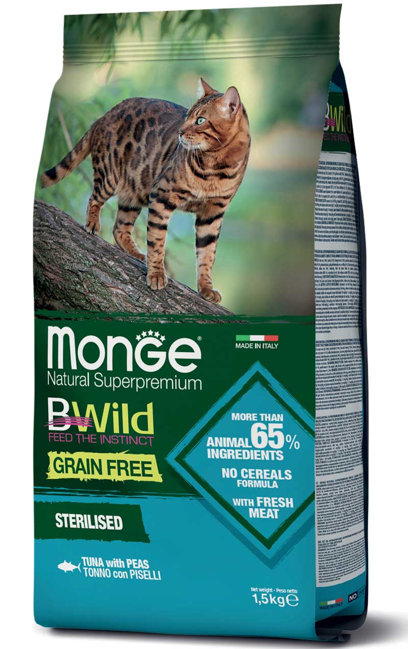 MONGE GATTO BWILD GRAIN FREE ADULTO STERILIZZATO TONNO & PISELLI 1,5 KG