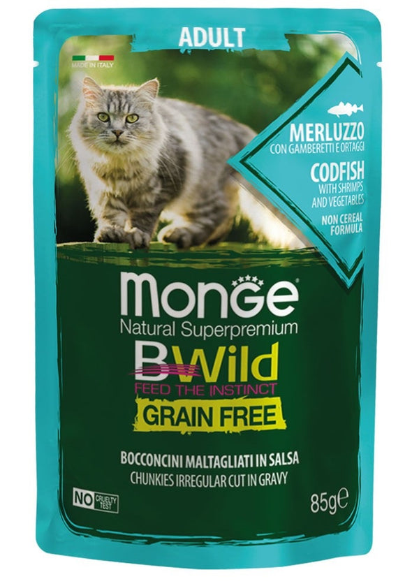 Monge Gatto Bwild Grain Free Busta Adulto Merluzzo, Gamberetti & Ortaggi 85 g