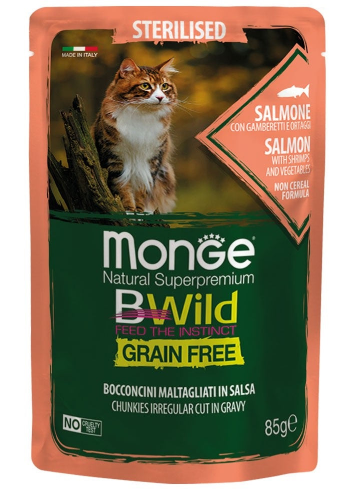 MONGE GATTO BWILD GRAIN FREE BUSTA ADULTO STERILIZZATO SALMONE, GAMBERETTI & ORTAGGI 85 GR
