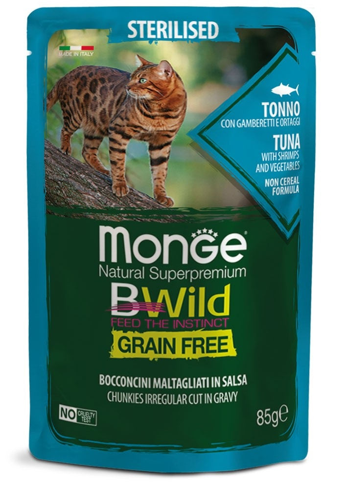 Monge Gatto Bwild Grain Free Busta Adulto Sterilizzato Tonno, Gamberetti & Ortaggi 85 g