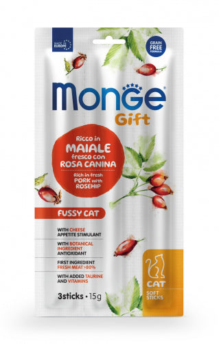 MONGE GATTO GIFT SNACK ADULTO FUSSY MAIALE FRESCO & ROSA CANINA CF. (3 STICK) 15 GR