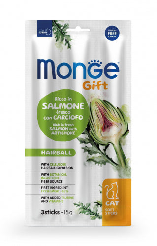 MONGE GATTO GIFT SNACK ADULTO HAIRBALL SALMONE & CARCIOFO CF. (3 STICK) 15 GR