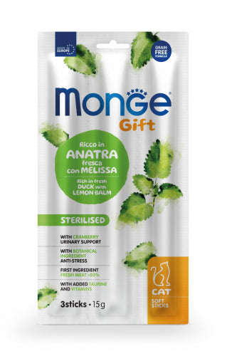 MONGE GATTO GIFT SNACK ADULTO STERILIZZATO ANATRA FRESCA & MELISSA CF. (3 STICK) 15 GR