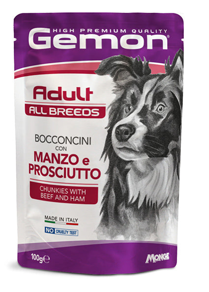 GEMON CANE BOCCONCINI ADULTO ALL BREEDS MANZO & PROSCIUTTO BUSTA 100 GR