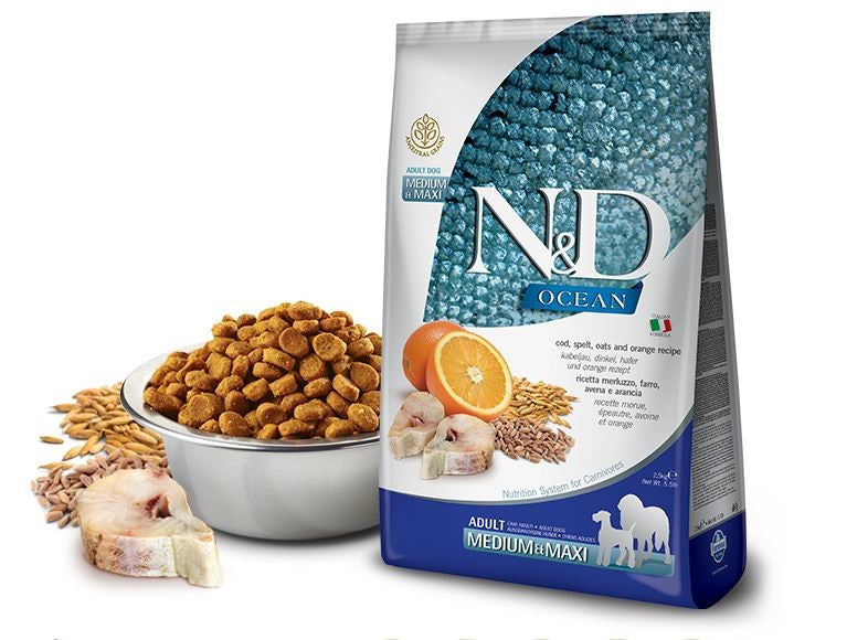 FARMINA CANE N&D OCEAN ADULTO MEDIUM&MAXI MERLUZZO, FARRO, AVENA & ARANCIA 12 KG