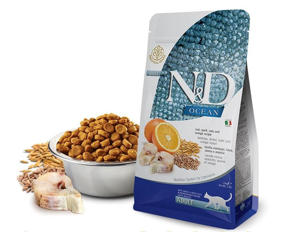 FARMINA GATTO N&D OCEAN ADULTO MERLUZZO, FARRO, AVENA & ARANCIA 1,5 KG
