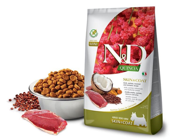 FARMINA CANE N&D QUINOA SKIN&COAT ADULTO MINI ANATRA, QUINOA, COCCO & CURCUMA 800 GR