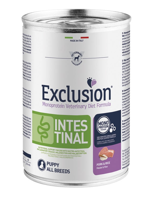 EXCLUSION CANE DIET INTESTINAL PUPPY ALL BREEDS MAIALE & RISO LATTINA 200 GR